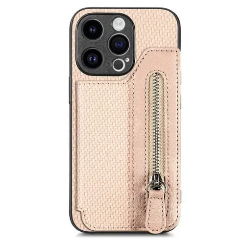 Funda para Teléfono iPhone 15 con Billetera, Cremallera y Tapa Horizontal de Fibra de Carbono (Caqui)