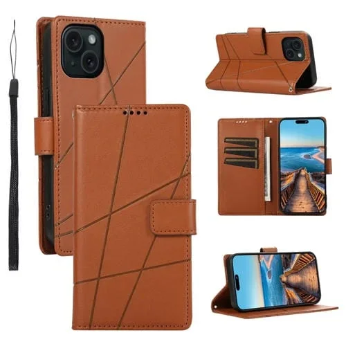 Funda para teléfono iPhone 15 con línea en relieve textura cuero genuino PU (Marrón)