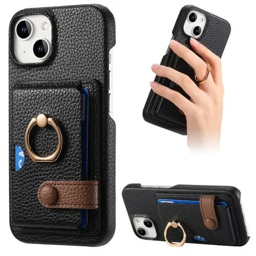 Funda para Teléfono iPhone 15 con Parte Posterior de Tarjeta y Anillo Borde de Aceite Cuero Litchi (Negro)