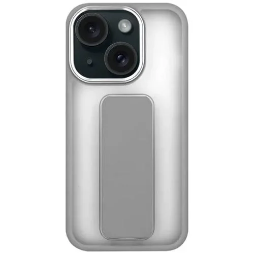 Funda para Teléfono iPhone 15 con Soporte y Correa para Muñeca con Revestimiento de Piel (Gris)