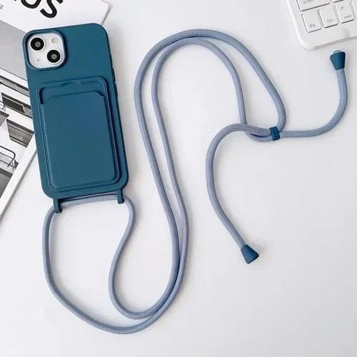 Funda para Teléfono iPhone 15 con Tarjetero Silicona Elástica y Cordón Cruzado (Azul)