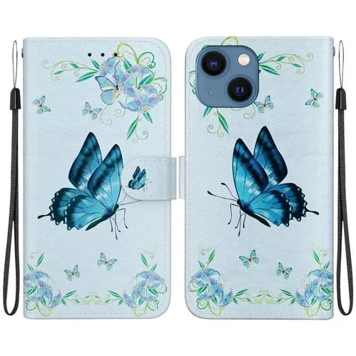 Funda para Teléfono iPhone 15 Cuero Dibujo Coloreado Textura de Cristal (Pensamientos Azules)