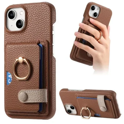 Funda para Teléfono iPhone 15 Litchi Leather Oil Edge Ring Card Back (Marrón)