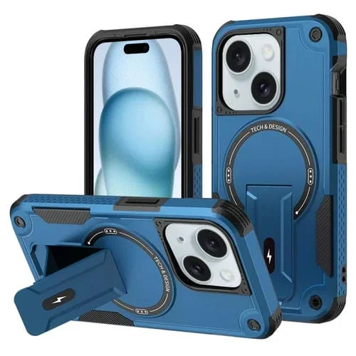 Funda para Teléfono iPhone 15 Magsafe Holder Armor PC Hybrid TPU (Azul Oscuro)