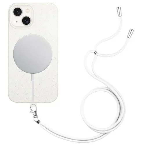 Funda para teléfono iPhone 15 Material de Paja Magnético Magsafe de Trigo con Cordón (Blanco)