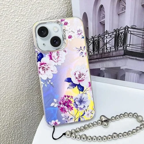 Funda para Teléfono iPhone 15 Peony Ah11 con Flor Láser Galvanizada y Correa para Muñeca