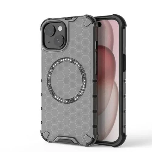 Funda para Teléfono iPhone 15 Plus a Prueba de Golpes con Anillo Magnético en Forma de Panal (Negro)