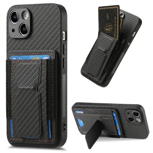 Funda para Teléfono iPhone 15 Plus con Bolsa para Tarjeta Elástica Soporte Plegable Fibra de Carbono (Negro)