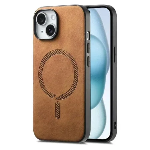 Funda para Teléfono iPhone 15 Plus con Contraportada de PU Magsafe Retro (Marrón)