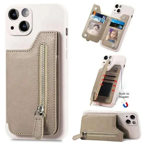 Funda para Teléfono iPhone 15 Plus con Cremallera y Parte Trasera de Cuero a Prueba de Golpes (Caqui)