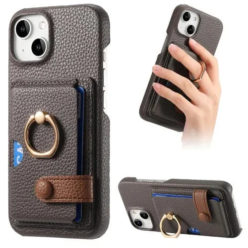 Funda para Teléfono iPhone 15 Plus con Parte Posterior de Tarjeta y Anillo Borde de Aceite de Cuero Litchi (Gris)