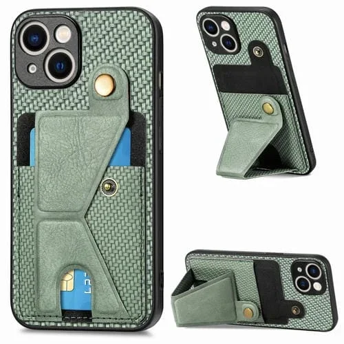 Funda para Teléfono iPhone 15 Plus con Soporte en Forma de K Tarjeta Abatible y Billetera Fibra de Carbono (Verde)