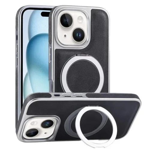 Funda para Teléfono iPhone 15 Plus con Soporte Magsafe Giratorio de Cuero Granulado (Negro)