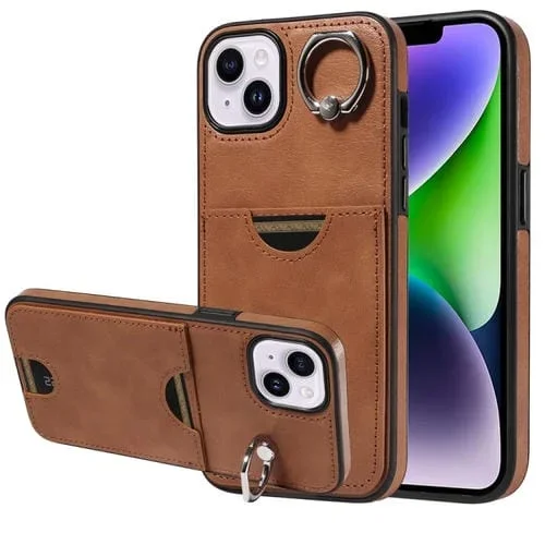 Funda para Teléfono iPhone 15 Plus con Soporte para Anillo y Ranura para Tarjeta (Marrón)