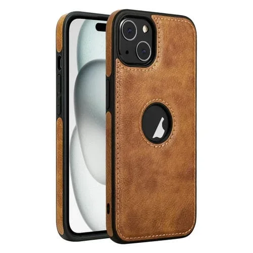 Funda para Teléfono iPhone 15 Plus Costuras Textura de Cuero (Marrón)