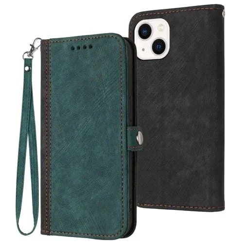 Funda para Teléfono iPhone 15 Plus Cuero con Correa de Mano Doble Pliegue Hebilla Lateral (Verde Oscuro)
