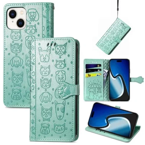 Funda para Teléfono iPhone 15 Plus Cuero con Relieve de Perro y Gato (Verde)
