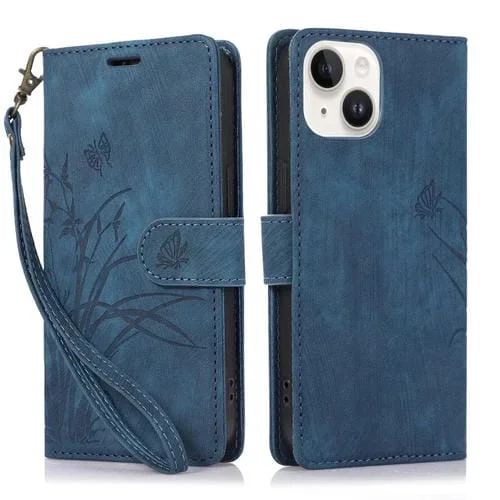 Funda para Teléfono iPhone 15 Plus Cuero con Relieve Mariposa Orquídea (Azul)