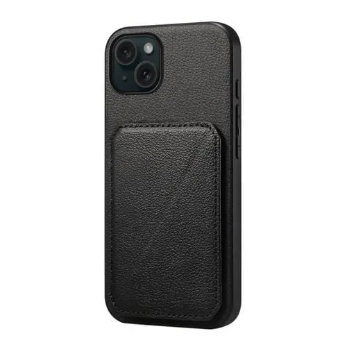 Funda para Teléfono iPhone 15 Plus D04 con Ranura para Tarjeta Dual y Textura de Becerro (Negro)