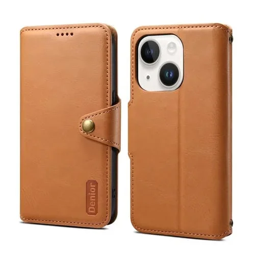 Funda para Teléfono iPhone 15 Plus Denior Cuero Estilo Billetera Textura Piel de Vaca (Caqui)