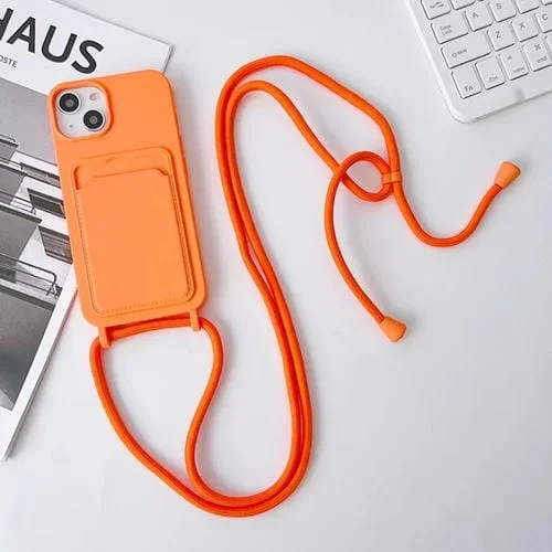 Funda para Teléfono iPhone 15 Plus Silicona Elástica con Tarjetero y Cordón Cruzado (Naranja)