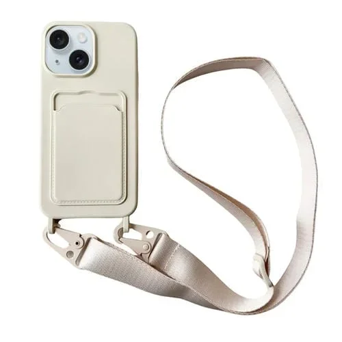 Funda para teléfono iPhone 15 Plus silicona líquida con ranura para tarjeta y cordón (Blanco)