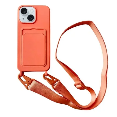 Funda para Teléfono iPhone 15 Plus Silicona Líquida Ranura para Tarjeta y Cordón (Naranja)