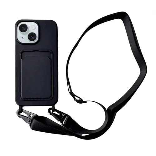 Funda para Teléfono iPhone 15 Plus Silicona Líquida Ranura para Tarjeta y Cordón (Negro)
