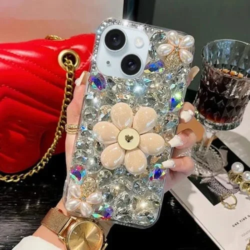Funda para Teléfono iPhone 15 Plus Soporte Girasol PC Diamantes Colocados a Mano (Blanco)