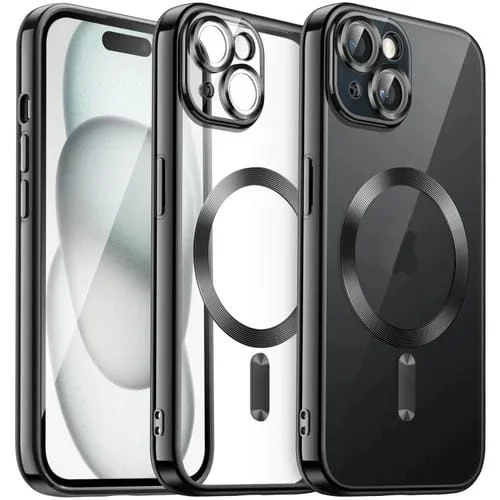 Funda para Teléfono iPhone 15 Plus TPU Galvanizada Transparente Magnética (Negro)