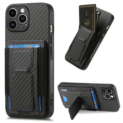 Funda para Teléfono iPhone 15 Pro Bolsa para Tarjeta Elástica Soporte Plegable Fibra de Carbono (Negro)