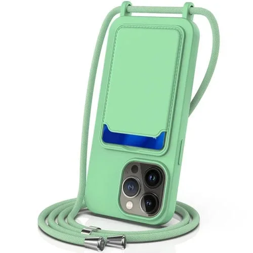 Funda para Teléfono iPhone 15 Pro Bolsa para Tarjeta Integrada Silicona Líquida con Cordón (Verde)