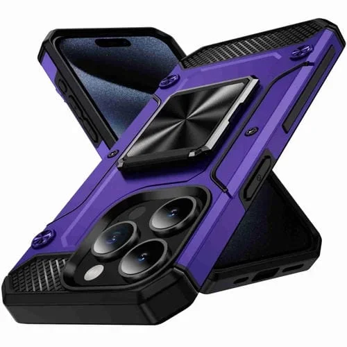Funda para teléfono iPhone 15 Pro con soporte de metal a prueba de golpes (Púrpura)
