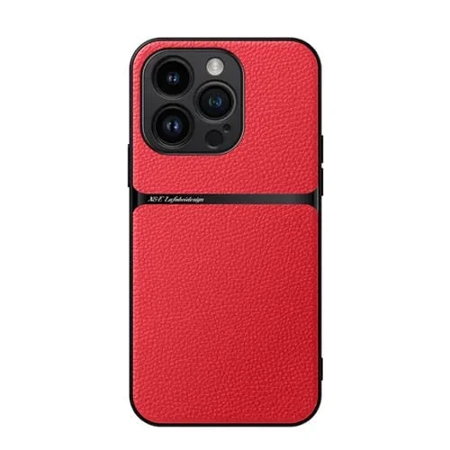 Funda para Teléfono iPhone 15 Pro con Tapa Magnética Piel de Lichi a Prueba de Golpes (Roja)