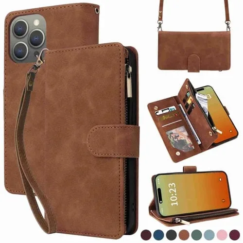 Funda para Teléfono iPhone 15 Pro Crossbody de Cuero con Cremallera y Ranura para Tarjetas (Marrón)