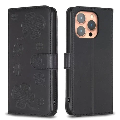 Funda para Teléfono iPhone 15 Pro Cuero con Relieve de Cuatro Hojas (Negro)