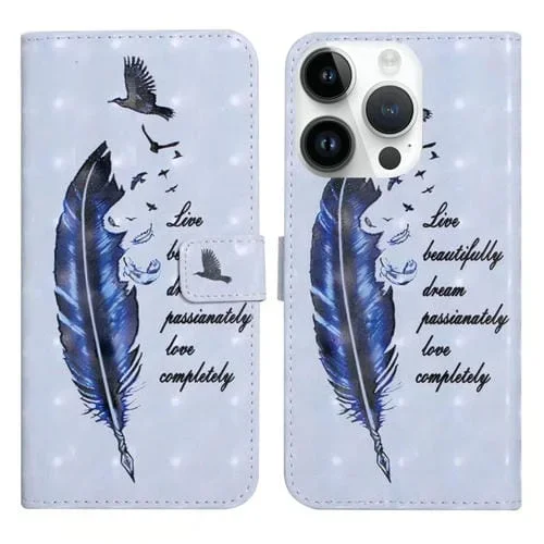Funda para Teléfono iPhone 15 Pro Cuero Dibujo 3D Relieve al Óleo (Pluma Azul)