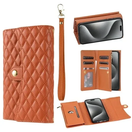 Funda para Teléfono iPhone 15 Pro Cuero Rómbico con Billetera MultiTarjeta y Cremallera (Marrón)