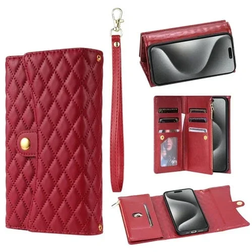 Funda para Teléfono iPhone 15 Pro Cuero Rómbico con Billetera MultiTarjeta y Cremallera (Rojo)