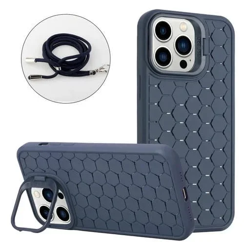 Funda para Teléfono iPhone 15 Pro Honeycomb Radiating Holder TPU con Cordón (Azul)
