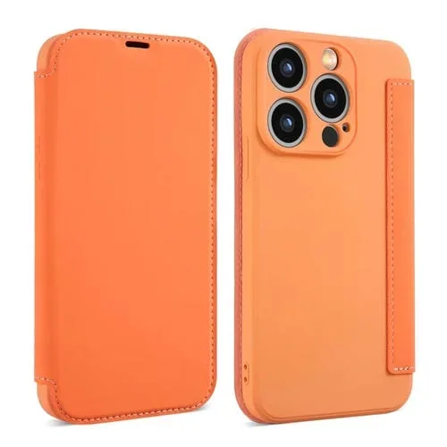 Funda para Teléfono iPhone 15 Pro Imitación Cuero Sensación Piel Líquida Ranuras para Tarjetas (Naranja)