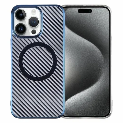 Funda para Teléfono iPhone 15 Pro Max 6D Magsafe Transparente con Fibra de Carbono Plateada (Azul Sueño)