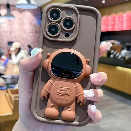Funda para Teléfono iPhone 15 Pro Max Astronaut 3D Relief Holder TPU + PC Cobertura Total (Marrón)