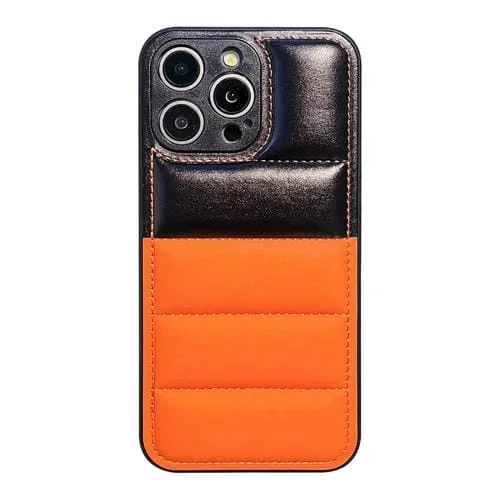 Funda para Teléfono iPhone 15 Pro Max Color Block Down Jacket (Negro Naranja)