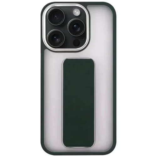 Funda para Teléfono iPhone 15 Pro Max con Soporte y Correa para Muñeca con Revestimiento Piel (Verde)