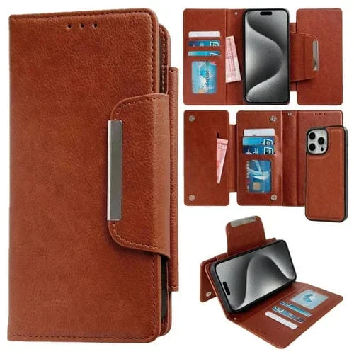 Funda para Teléfono iPhone 15 Pro Max Cuero Billetera Multifuncional para 7 Tarjetas (Marrón)