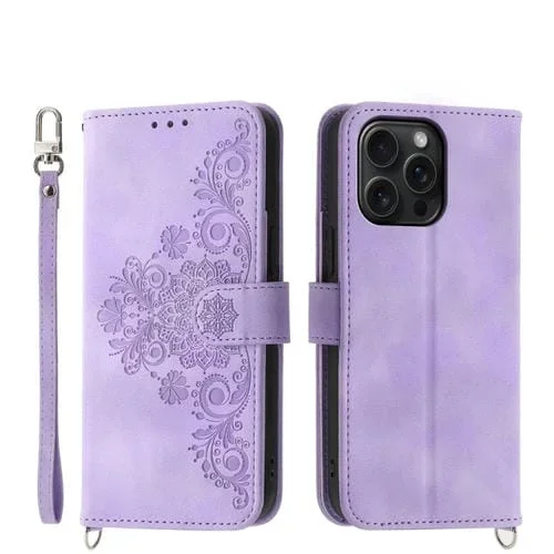 Funda para Teléfono iPhone 15 Pro Max Cuero con Billetera en Relieve y Flores (Púrpura)