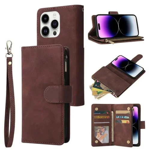 Funda para teléfono iPhone 15 Pro Max Cuero con Billetera MultiTarjeta Multifuncional (Café)