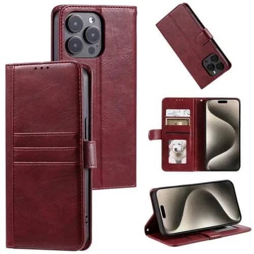 Funda para Teléfono iPhone 15 Pro Max Cuero con Billetera para 6 Tarjetas (Rojo Vino)