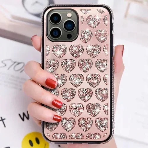 Funda para Teléfono iPhone 15 Pro Max Love Hearts Diamond Mirror TPU (Oro Rosa)